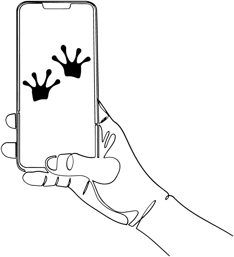 לוגו אילי דיזיין בית ספר למעצבים - איור של יד מחזיקה טלפון נייד עם לוגו של טביעות אצבע של צפרדע עם קישור לעמוד הבית של האתר